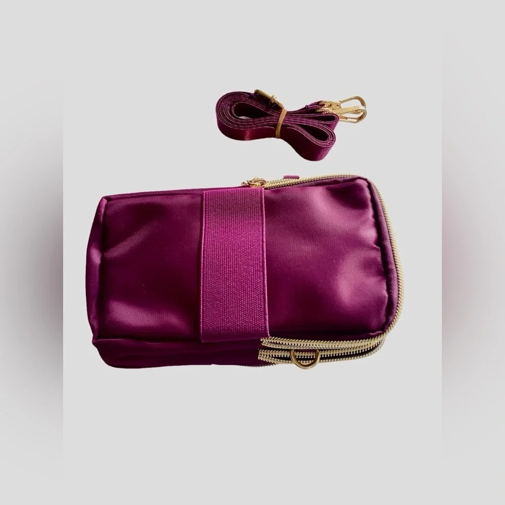 New! Burgundy Crossbody Phone Bag Small Lightweight Travel Purple Gold Nylon